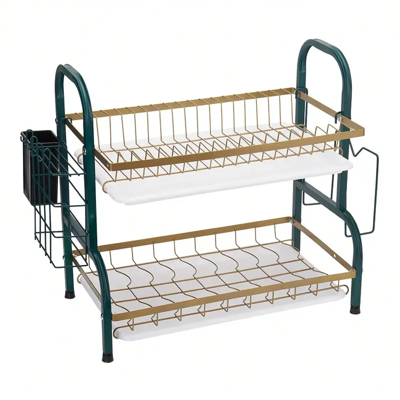 MILAN GOLD  2 Tier Dish Drainer Rack,Stainless Steel Dish Drying Rack,Kitchen Organizer Storage Shelf With Drainboard,Cutlery Holder,Cutting Board Holder,Knife Cup Utensil Holder 3