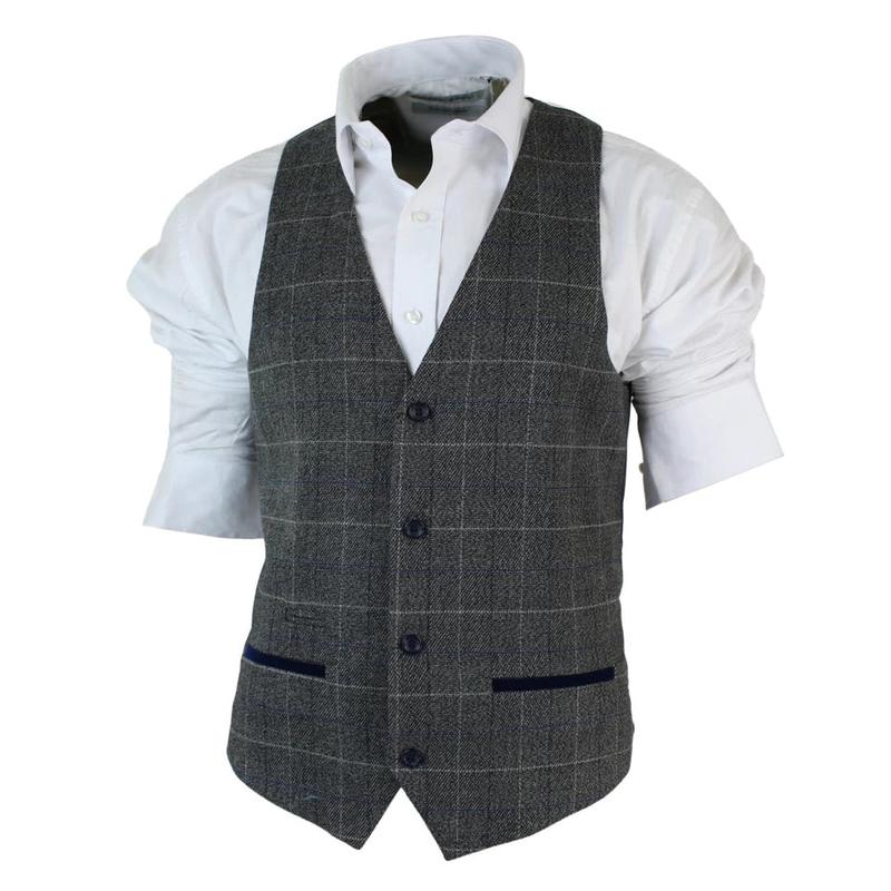 Mens Slim Fit Check Grey Tan Brown Waistcoat Smart Casual Tweed Check Navy 1