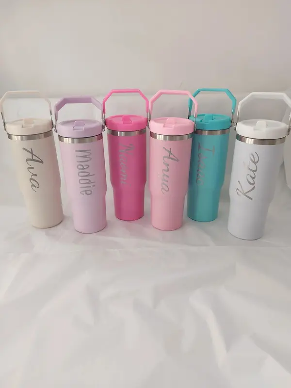 Personalised Engraved large 30oz insulated tumbler with lid handle, cold drinks, Birthday Gift for all, 850ml water bottle Back to school leakproof, Portable Flasks Drinkware 6
