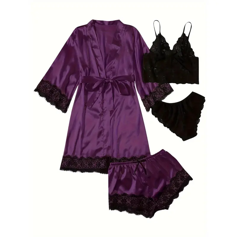 Elegant Satin Breasted Set With Lace Contrast, Three-Quarter Sleeve Gown With Belt And Camisole Bra And Trousers And Elastic Shorts, Home Wear For Women Womenswear Lingerie 5
