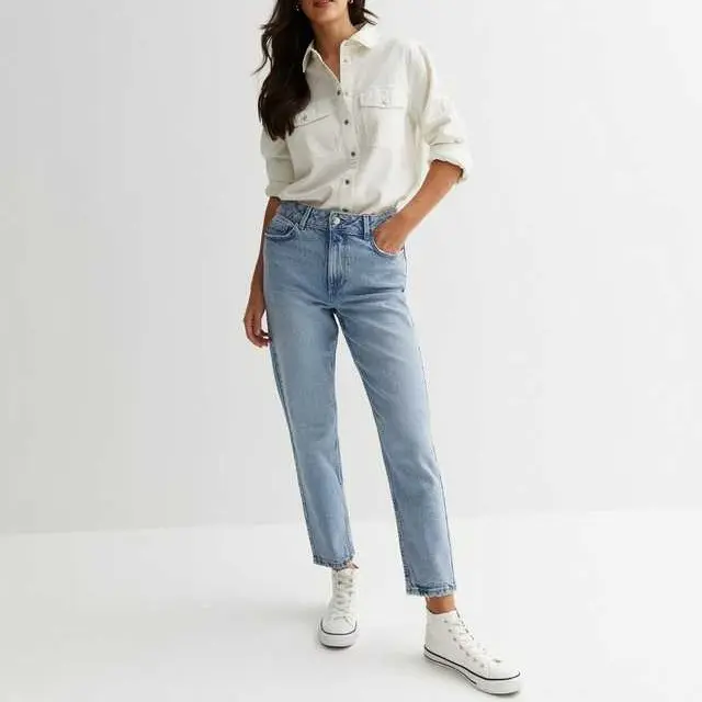 Mom Jeans High Waist Stretch Tapered Leg Women's Blue Short Regular Relax