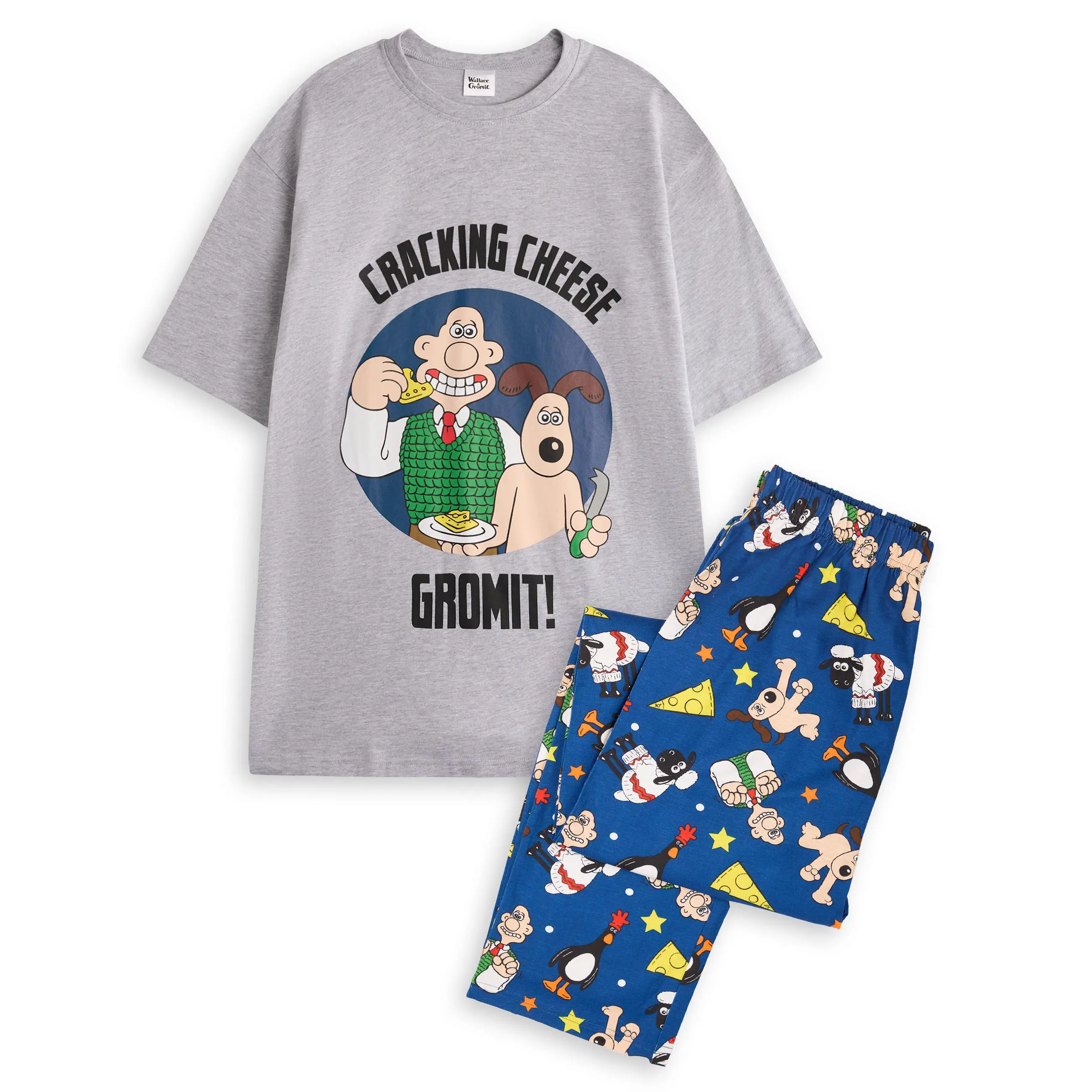 Vanilla Underground x Wallace And Gromit Mens Grey Character Short Sleeve Long Leg Pyjama Set