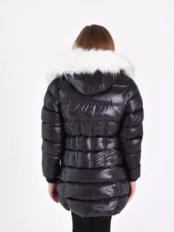 Charcoal Fashion Girl's Shiny Water Resistant Faux Fur Lined Quilted Midi Puffer Coat. Keep Warm, Outdoors,  Hood fur, Back to School 8
