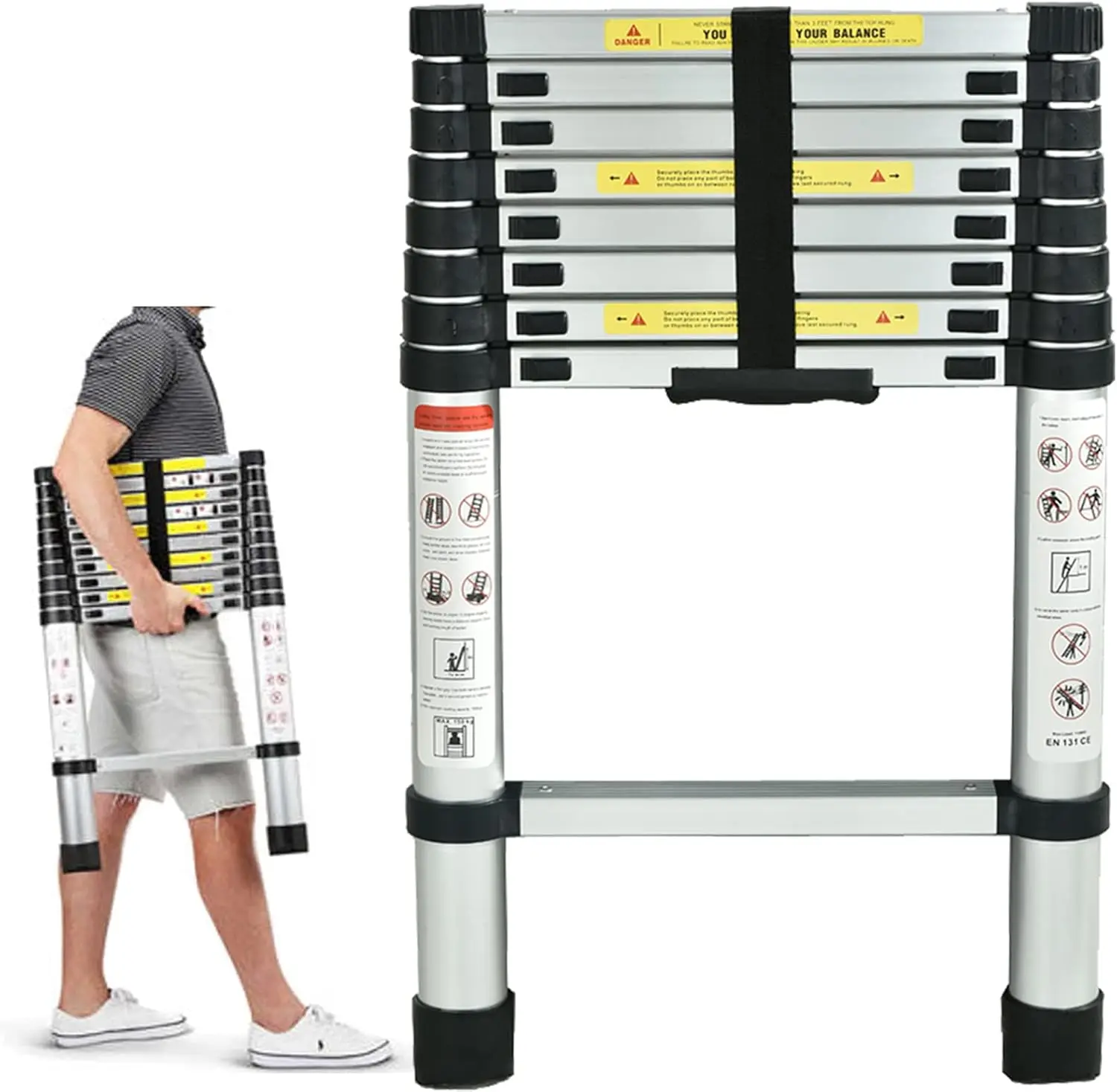 Telescoping Ladder 8.5FT, Stainless Steel Extension Telescopic Ladder EN131 Standard Adjustable Height Collapsible Ladder for RV, Loft, Attic, Home for Indoor and Outdoor Use, 330lb Load Capacity