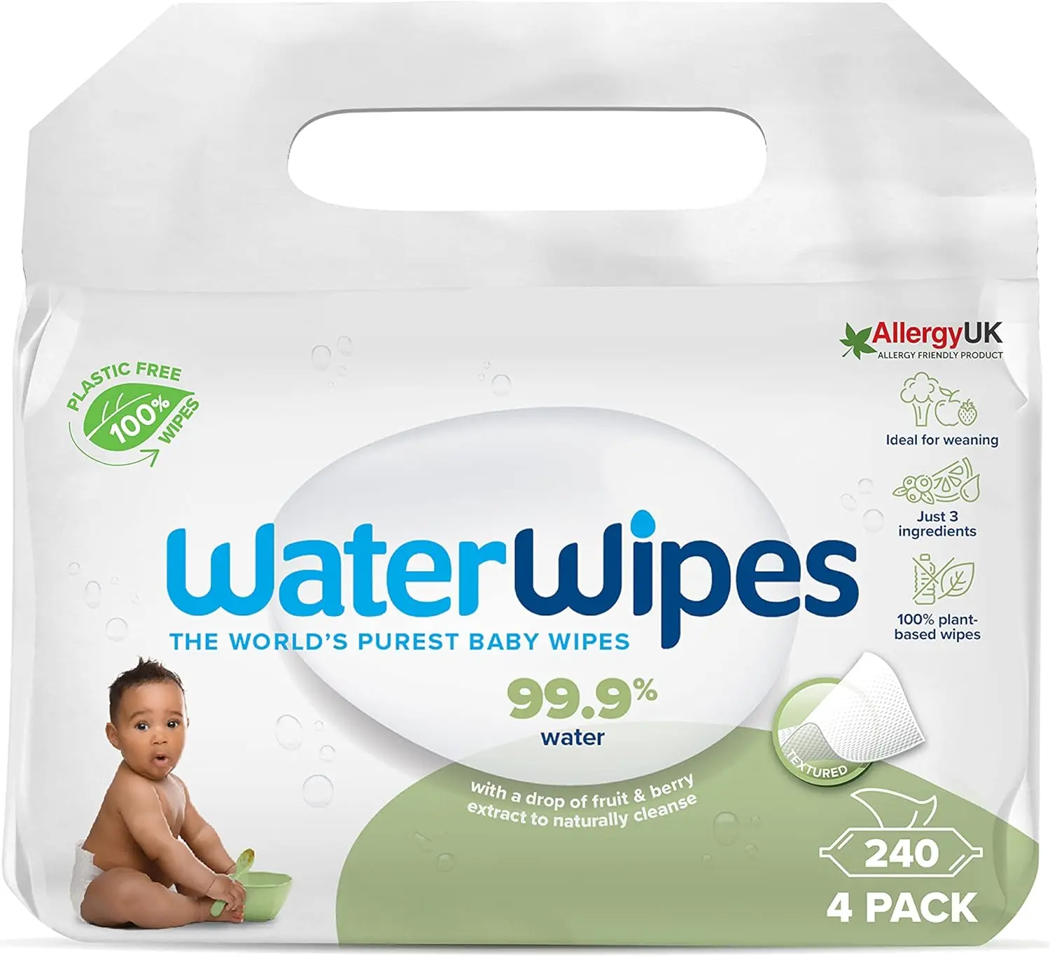 Free Textured Clean, Toddler & Baby Wipes, 240 Count (4 Packs), 99.9% Water Based Wipes, Unscented for Sensitive Skin