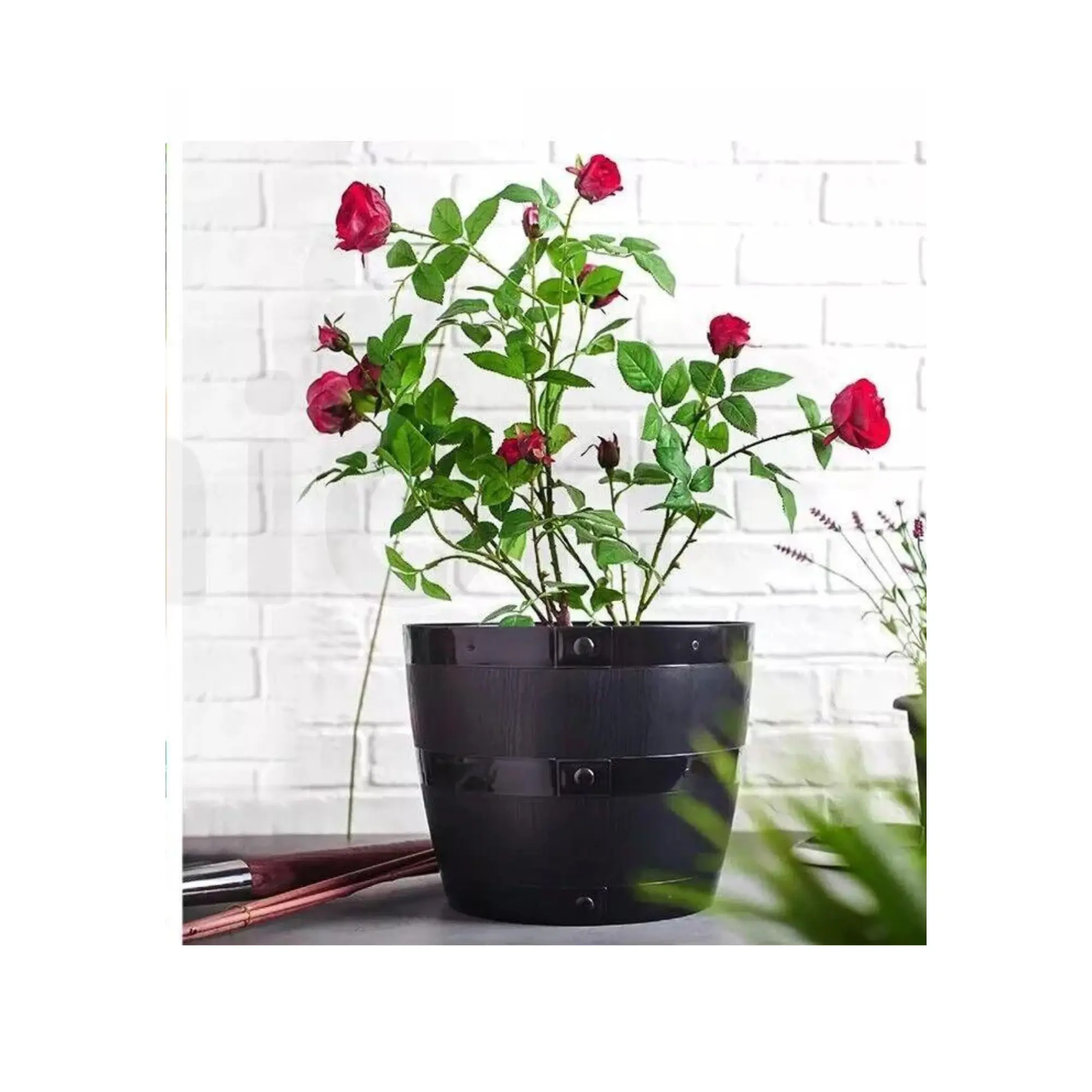 34cm Black Plastic Barrel Plant Pot – Wood Grain Effect Tub for Stylish Indoor & Outdoor Gardening