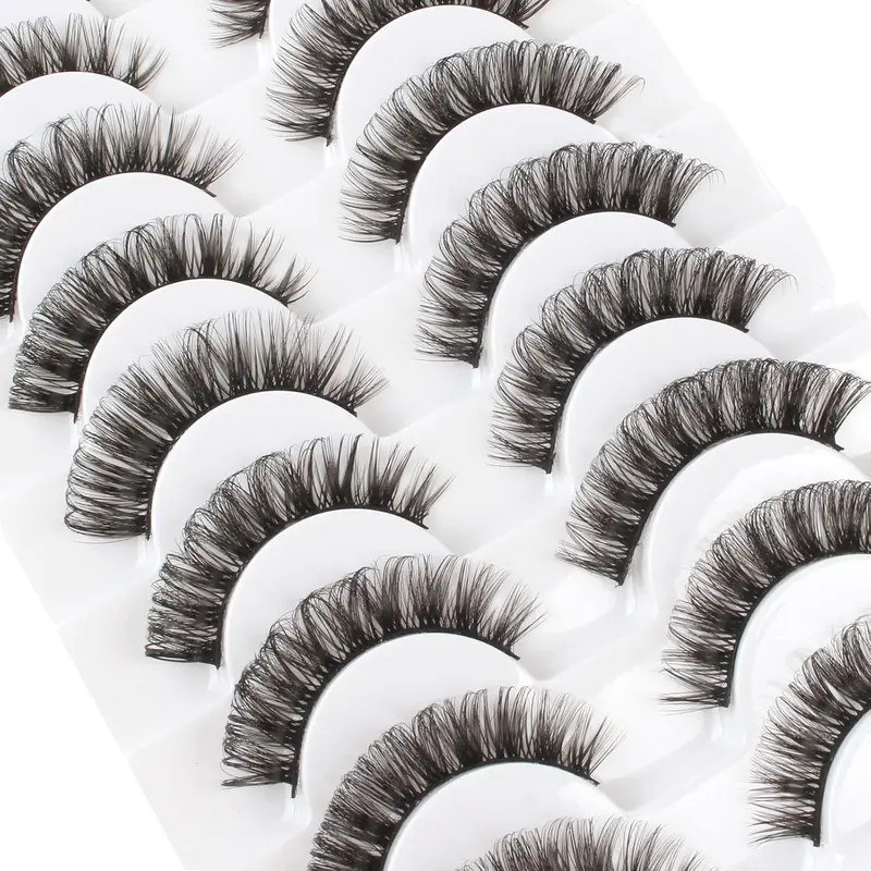 Cat Eyelashes Volume 3D Hybrid Natural Look Fake Russian Strip Lashes 10 Pairs Dramatic Fluffy Handmade Reusable D Curl False Eyelashes Faux Makeup 1