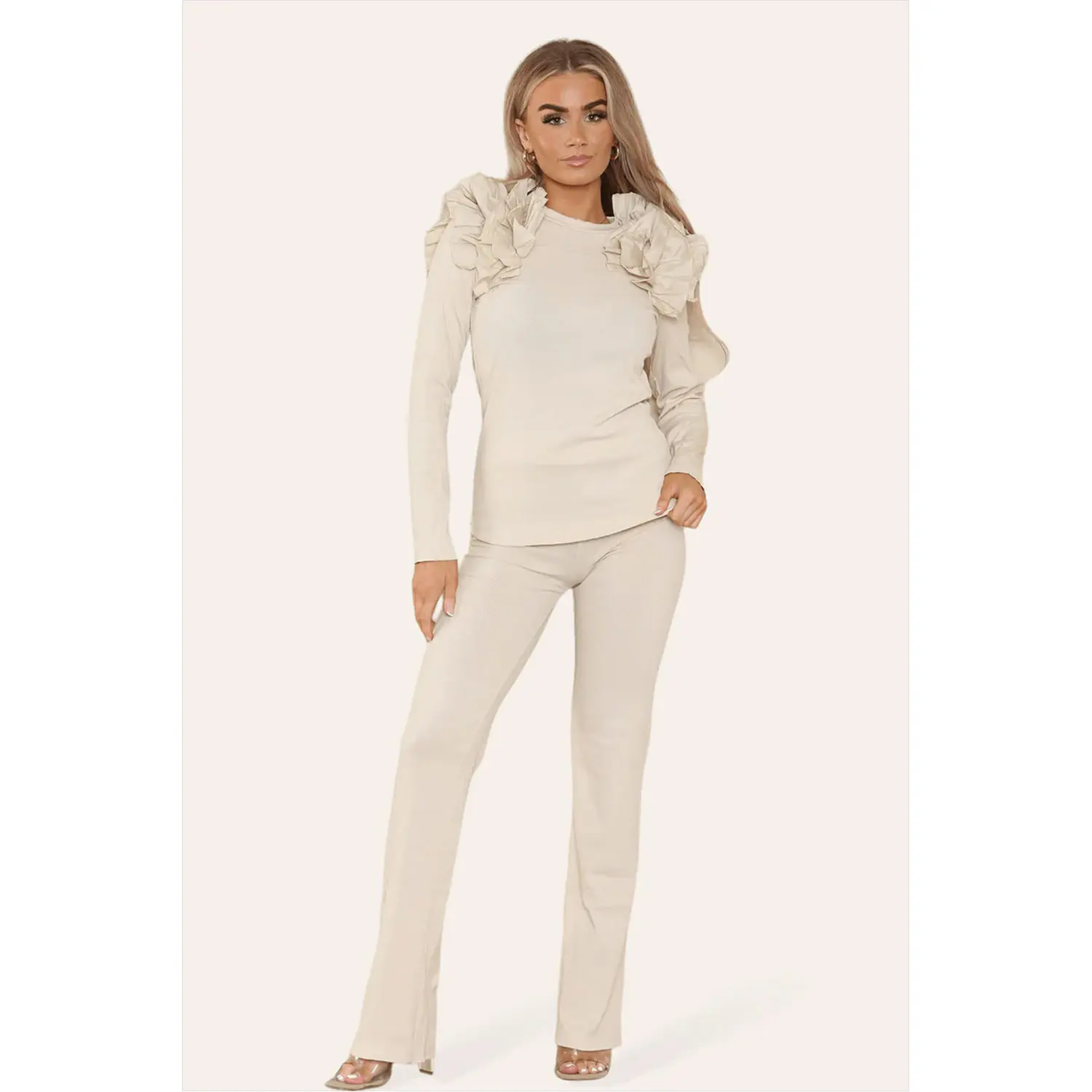 Ruffle Frill Shoulder Ribbed Loungewear Co-Ord Top & Trouser Set Womenswear Bottom Comfortable Cute