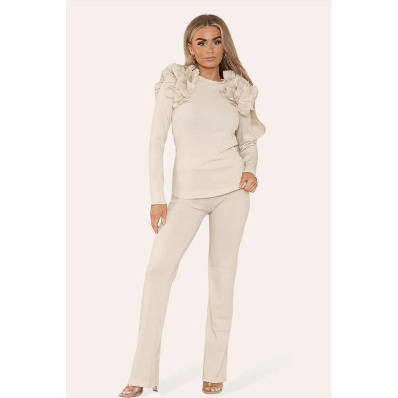 Ruffle Frill Shoulder Ribbed Loungewear Co-Ord Top & Trouser Set Womenswear Bottom Comfortable Cute 0
