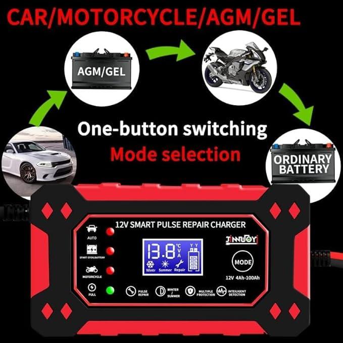 Car Battery Charger 12V 6A Fast Charger Automatic Smart Pulse Motorcycle Boat Repair AGM/GEL ATV SUV Jump Starter LCD Screen 8