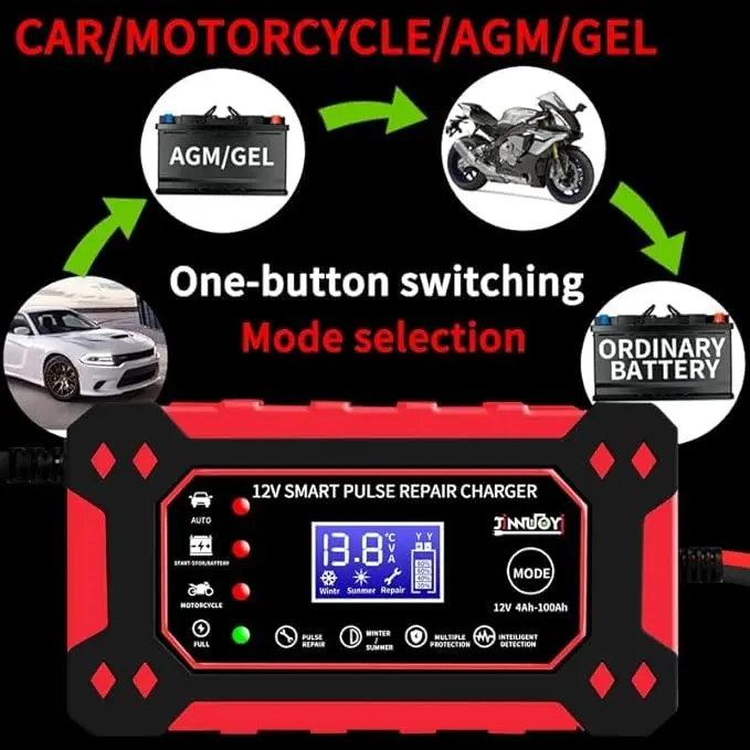 Car Battery Charger 12V 6A Fast Charger Automatic Smart Pulse Motorcycle Boat Repair AGM/GEL ATV SUV Jump Starter LCD Screen 8