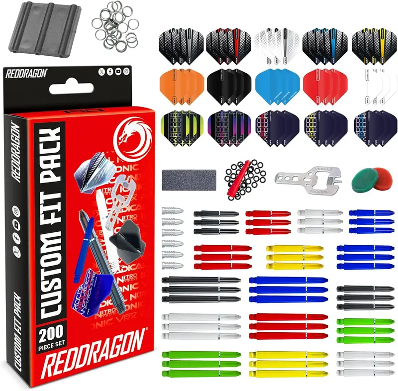 200 Piece Darts Custom Fit Pack Set | Dart Flights | Dart Shafts (Stems) | Trident 180's | Flight Savers | Finger Grip Wax | Rings | Toolkit Bottle Opener | Point Sharpener | Point Protectors 0