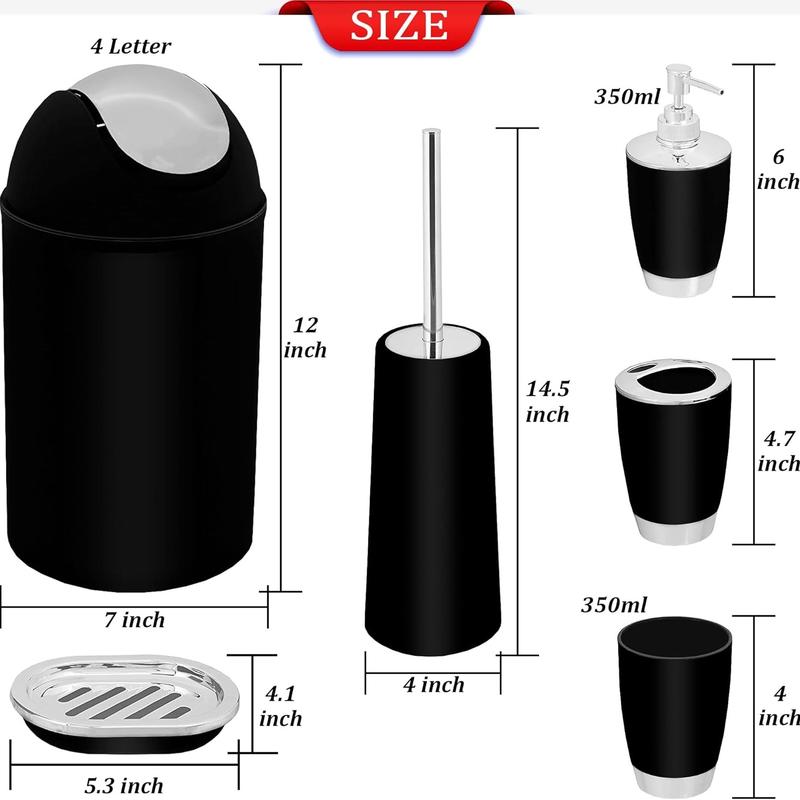 6PCS Bathroom Accessory Set - Waste Bin, Soap Dish, Soap Dispenser, Toilet Brush & Holder, Tooth Brush Holder, Rinse Cup - 4L Capacity 6