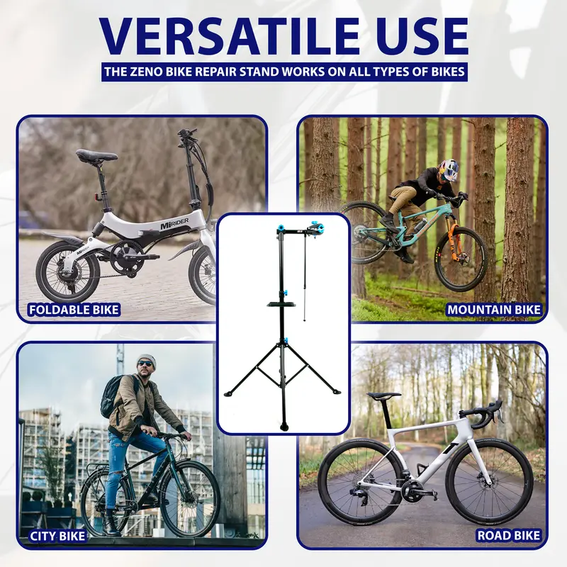 ZENO Bike Stand | Bike Repair Stand | Heavy Duty Folding Bicycle Workshop Stand | Height Adjustable Bike Rack | Mountain Bike Work Tool with a Front Wheel Stabilizer | 193CM | Black 1