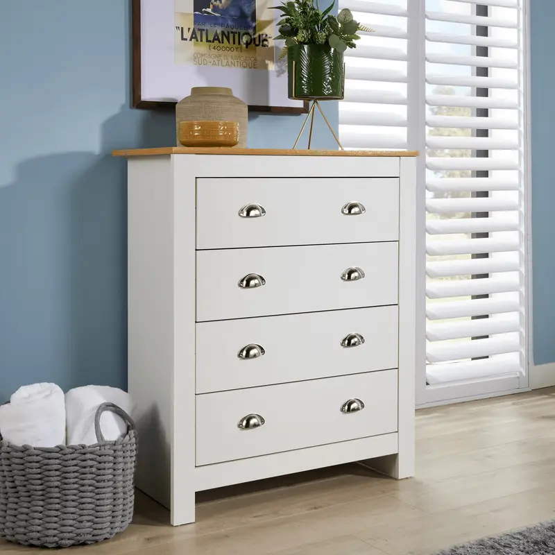 Big Furniture Warehouse Chest 4 Drawers Bedroom Furniture White Oak Top Metal Handles Wooden Nightstand 2