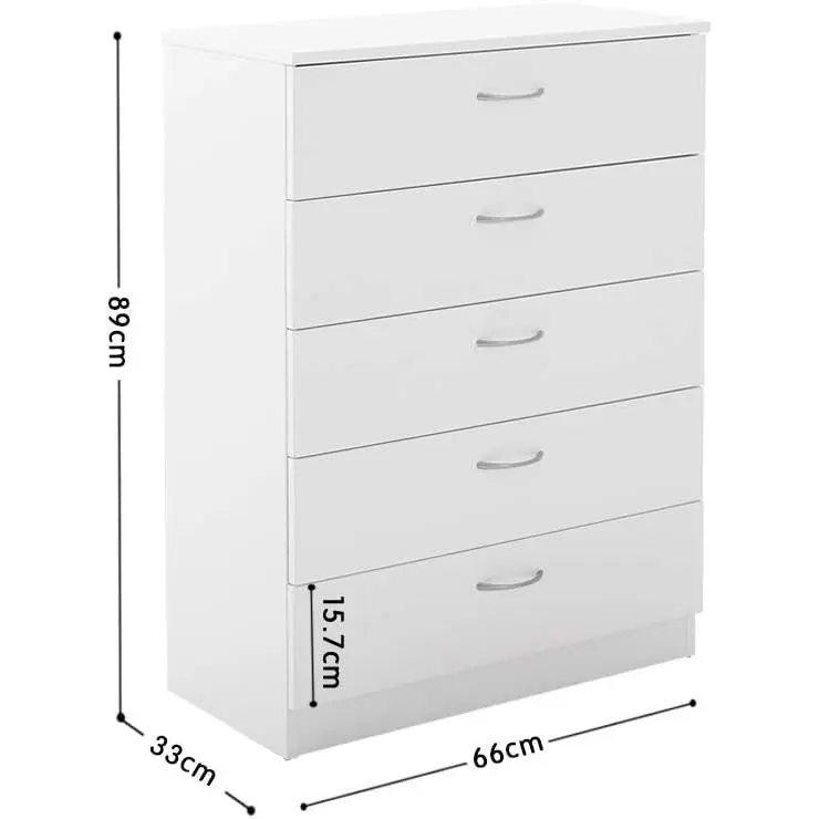 3/4/5 Drawer Cabinet, Chest of Drawers With Metal Handles and Runners Unique Anti-Bowing Drawer Support Bedroom Storage Furniture (White, 5 Drawer)