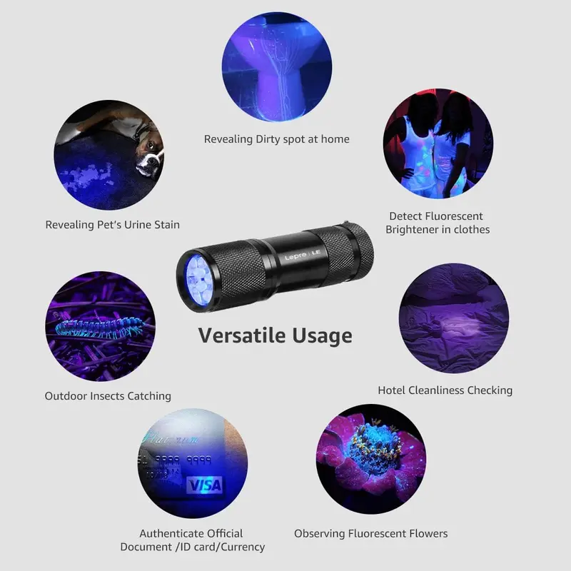 Urine Detectors Lepro LE UV Torch, 9 LED 395nm Ultraviolet Flashlight, Blacklight Detector for Pet Urine, Stain, Bed Bugs and More, 3 AAA Batteries Included [Energy Class F] 6