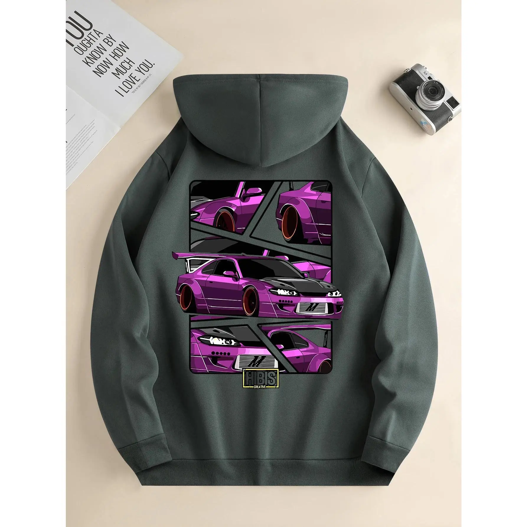 Men's New Fashion Hoodie, Casual Daily Drawstring Hooded Sweatshirt Car Print, Front Kangaroo Pocket, Men's Jacket Menswear Tops Pullover Long Sleeve Longsleeves Wetsuit