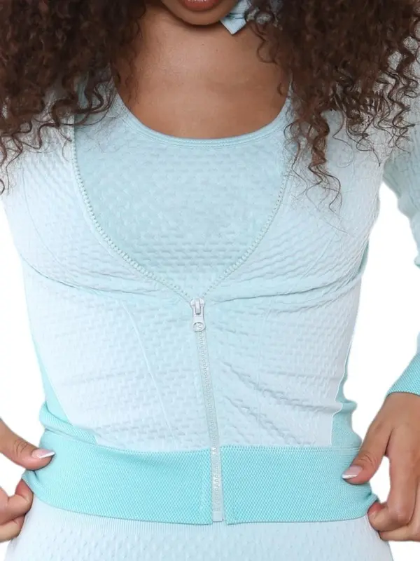 Women's Seamless 3-Piece Yoga Set - A Honey Comb Textured Material with Linear Detail And Cropped Zip Up Top. Gym Workout Fitness Tracksuit 2