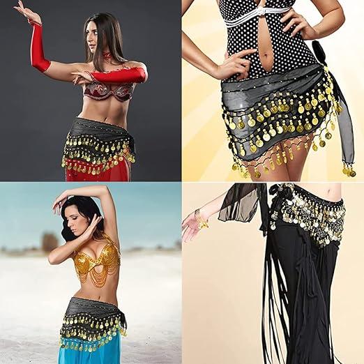 Belly Dance Hip Scarf with Bracelets, Chiffon Belly Dance Scarf Wrap Belt Sash Skirt with Gold Coins for Performance Costume Belly Dance Yoga Class Womenswear Clothes Fabric Fits Lightweight Outfits Top Comfort Black 3