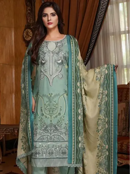 Embroidered Dhannak Shirt, Wool Fabric Dupatta, and Dhannak Trouser - Women's Three Piece Readymade Casual Outfit by Munira Designer 1