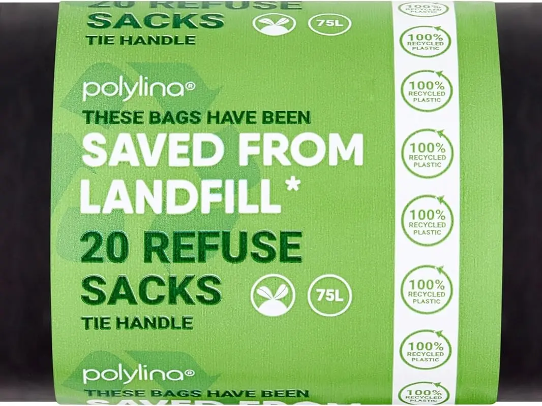 Trash Bags, Bin Bags, 75 Litre, 20 Tie Handle Black Bin Liners Refuse Sacks, 100% Recycled Plastic, Everyday Use, Household, Office & Kitchen Waste
