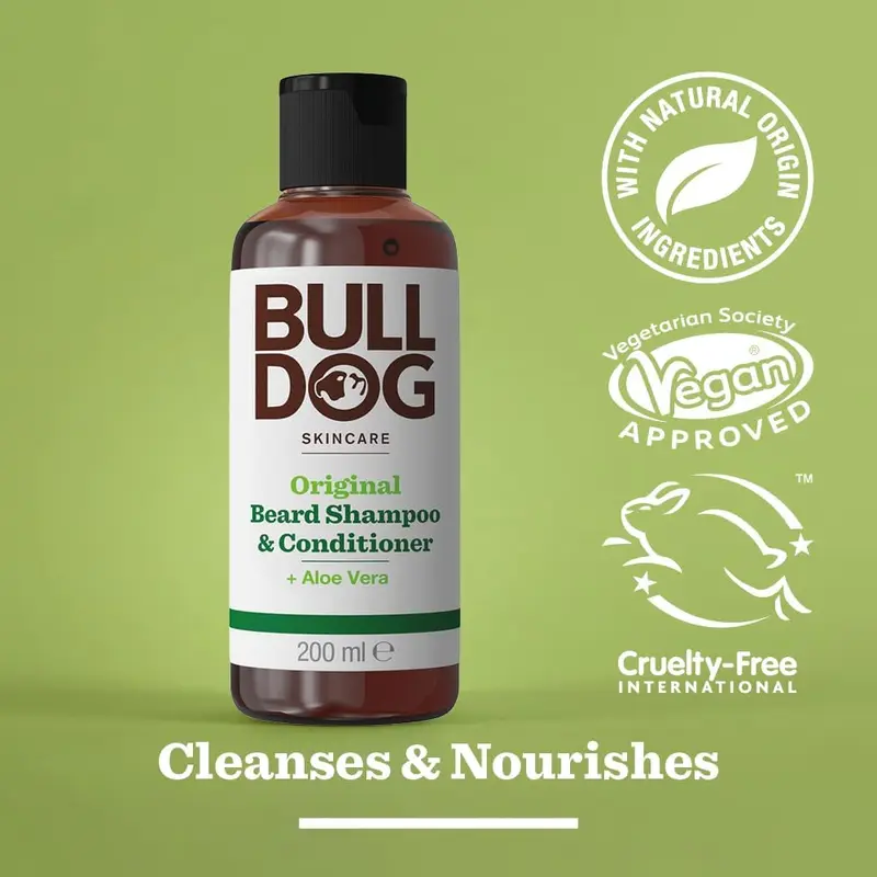 Bulldog Skincare Original Beard Shampoo & Conditioner 200ml - Beard Cleansing & Conditioning - For All Beard Types Haircare Aloe 1