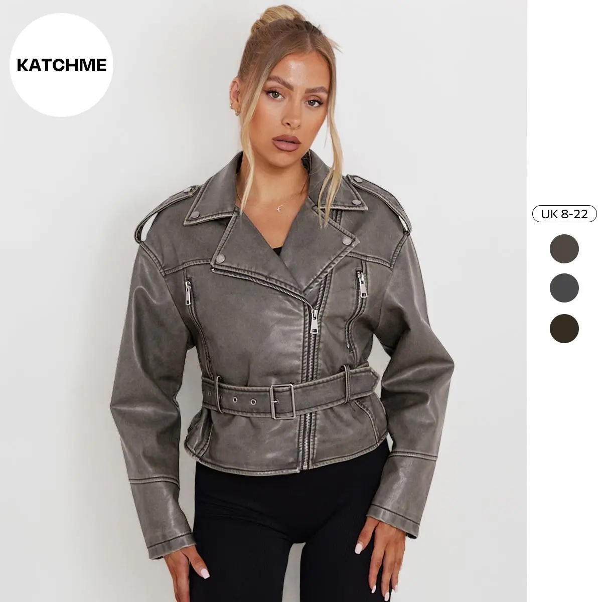 KatchMe Women's Epaulets Zipper Pocket Belt Decor PU Biker Jacket,Street Womenswear,Fitted Outerwear,Multiple Zipper PU Short Jacket for Women