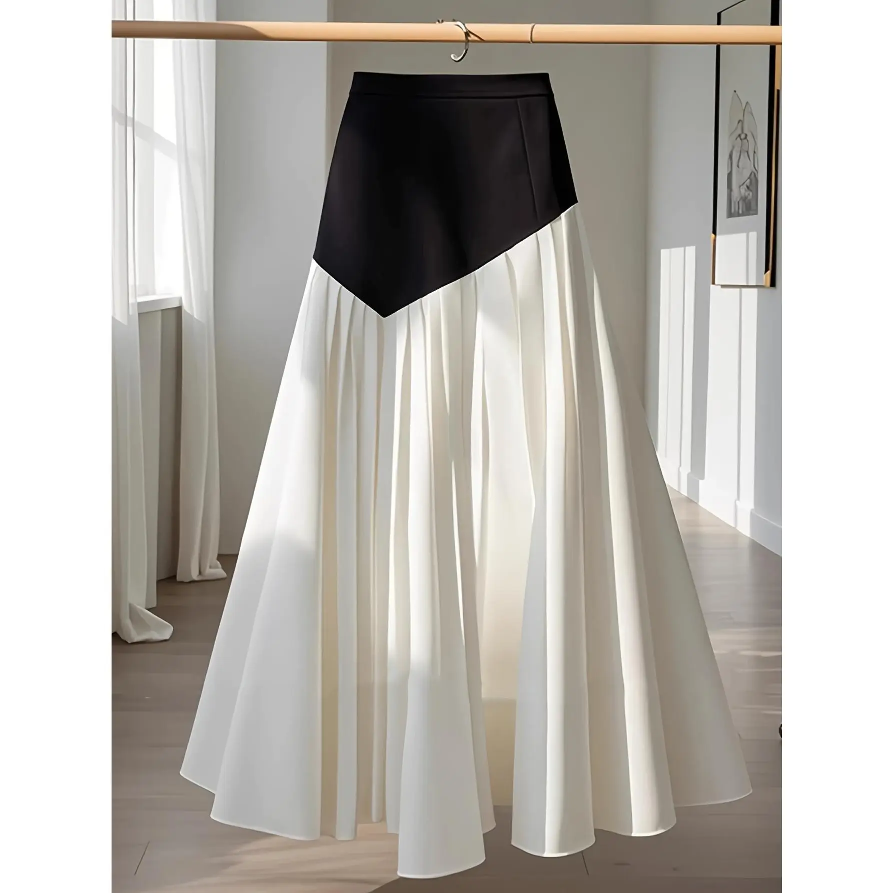 Black And White Patchwork Pleated Midi Skirt