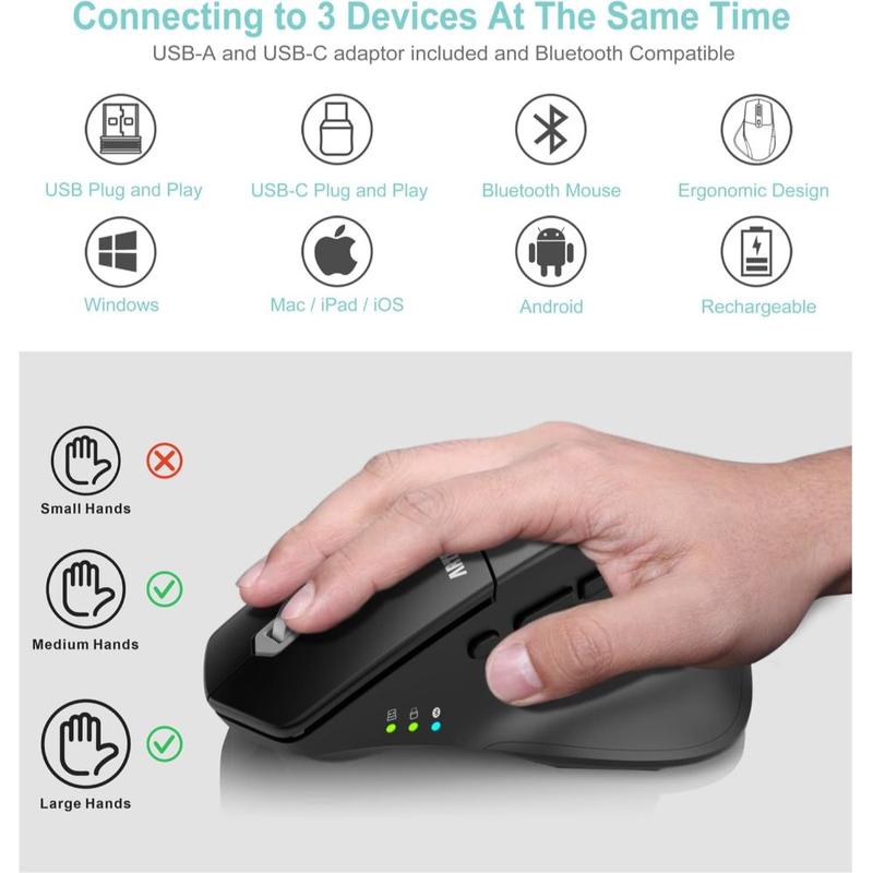 Multi-Device Wireless Bluetooth Mouse with Nano USB-A, USB-C Receiver Ergonomic Right Hand Silent Clicking Rechargeable Mouse for Computer Desktop PC Laptop Mac iPad and Windows 11/10 iPad OS 1