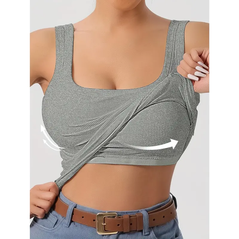 Solid Color Scoop Neck Tank Top, Casual Sleeveless Removable Chest Pad Slim Tank Top For Summer, Women's Clothing 1