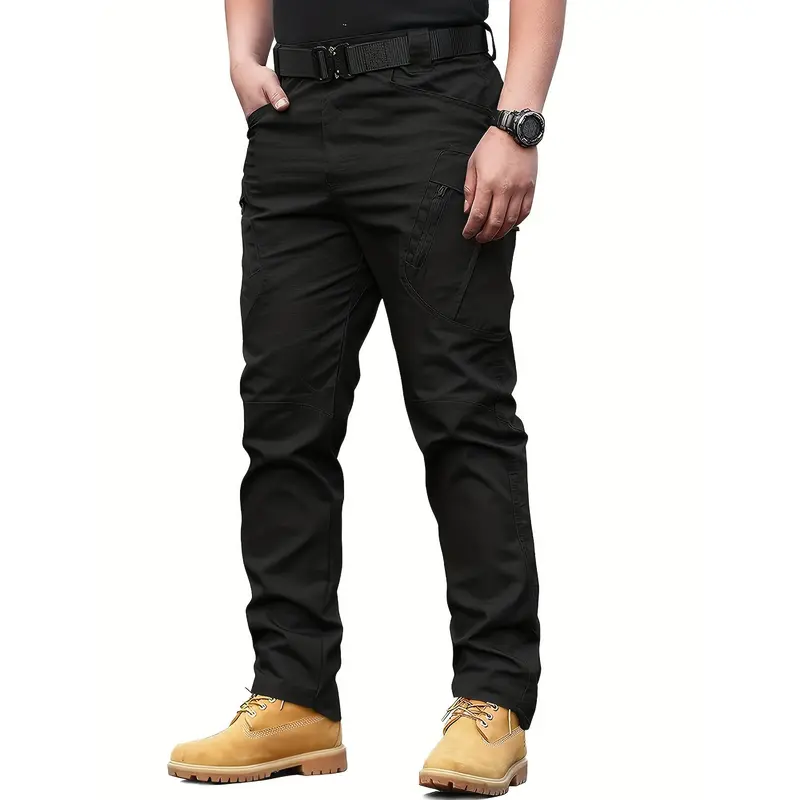 Multi Pocket Men's Tactical Pants, Loose Casual Outdoor Military Pants Without Belt, Mens Cargo Pants For Hiking Menswear Trouser Beige Plain Yellow 2