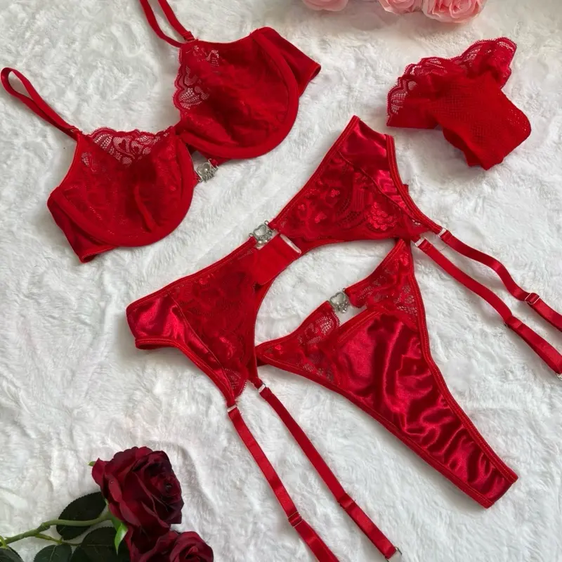 Lingerie doll. 4 piece red cut out luxury lingerie set. Stockings bra garter knicker.  Elegant classy casual underwear  Adjustable and attachable