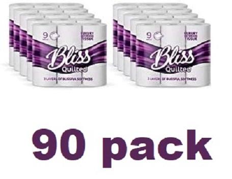 BLISS 90 Bliss Triple Quilted Luxury Toilet Tissue Roll (10 Pack of 9 Rolls) - Lightweight, Flushable, Sustainable, and Eco-friendly - Towel Wipes flushable office flushable bathroom Box soft 3