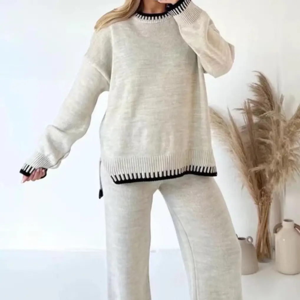 Women Knitted Stiched Wide Leg Co-ord Suit Loungewear Set