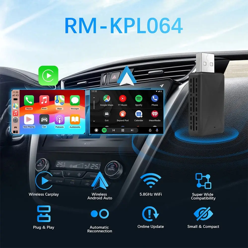 2in1 Wireless CarPlay Android Auto Wireless Adapter Smart USB Dongle Mini Box Plug And Play WiFi Fast Connect Bluetooth