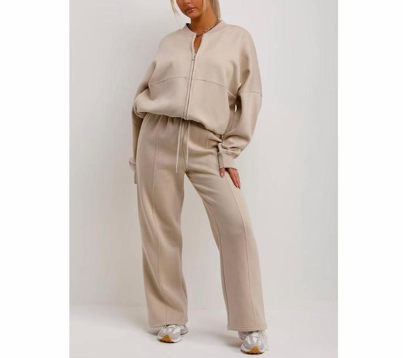 Bomber Sweatshirt With Zip And Joggers Loungewear Set Oatmeal Womenswear 1