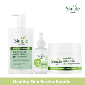 Simple Replenishing Cream Cleanser, 10% Ceramide Boosters & Omega Complex serum & Repairing Rich Face Cream facial moisturiser bundle for a Healthy Skin Barrier Cleansing Hydrating Moisture Blend