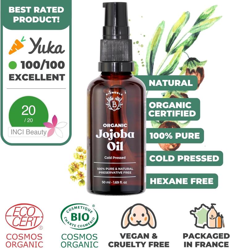 Bionoble Organic Jojoba Oil 50ml - 100% Pure, Natural and Cold Pressed - Face, Body, Hair, Beard, Nails - Vegan and Cruelty Free - Glass Bottle + Pipette + Pump Daily Evening 1