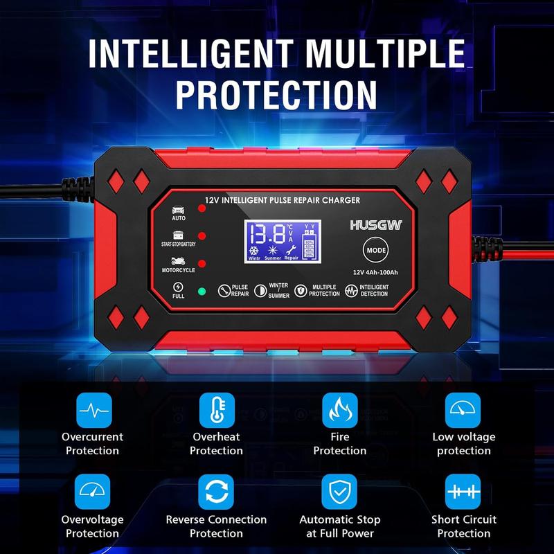 Car Battery Charger 12V 6A Fast Charger Automatic Smart Pulse Motorcycle Boat Repair AGM/GEL ATV SUV Jump Starter LCD Screen 2