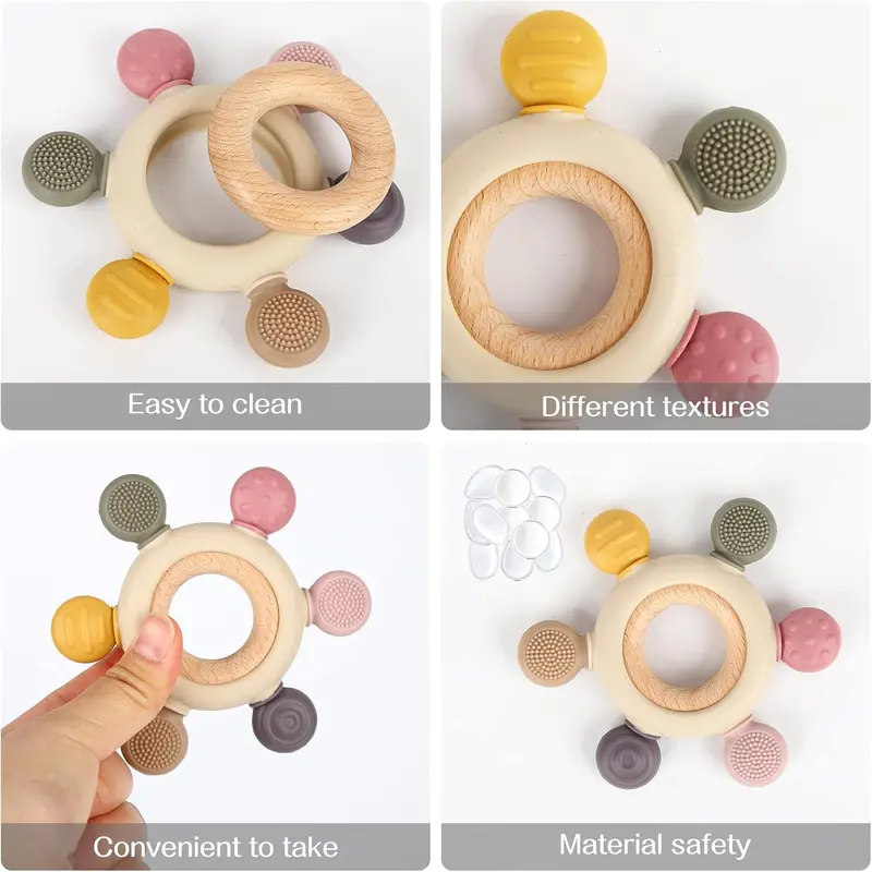 Baby Teether Silicone Teething Toys for Baby 3+ Months with Wooden Ring BPA Free Boys Girls Baby 4