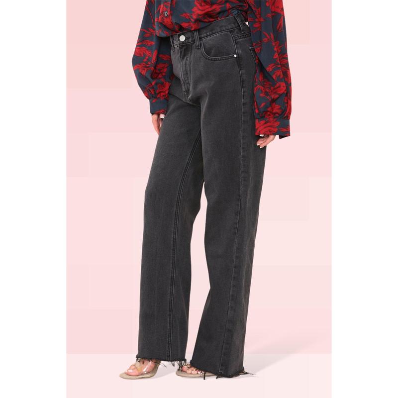 Women Black Denim Straight Leg Frayed Jeans - Wide Leg Raw Ripped Hem Pants, Loose Ripped End Denim Pants for Vintage Streetwear Fashion Personality Womenswear Baggy Bottom Casual Day Essential Fit Lightweight 1