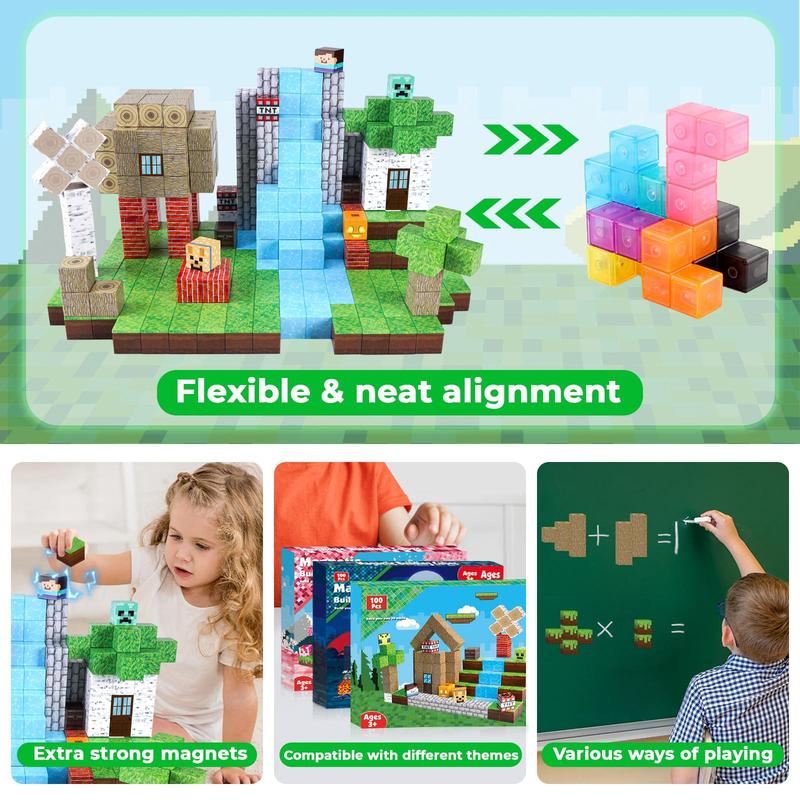 Magnetic Blocks-100PCS Magnetic Building Blocks Magnetic Tiles Stacking, Build Mine Magnet World Set, STEM Montessori Sensory Toys for over 3+ Kids Boys Girls ，Magic cubes magnet blocks 3