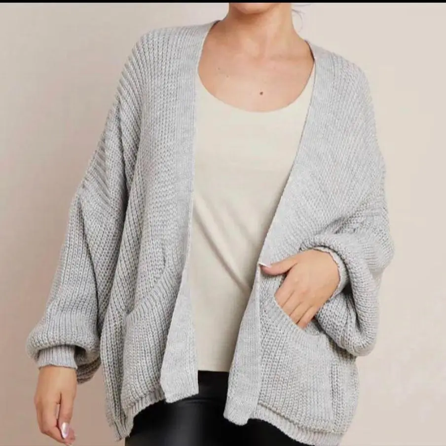 Short Body Jumper With Balloon Sleeves - Women - Fashionable knit cardigan, Stylish oversized cardigan, Cozy sweater cardigan