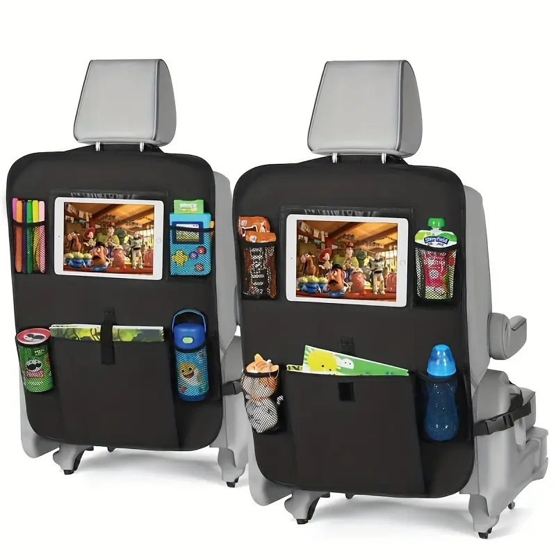 Black polyester car seat back organizer with kick mat-multi-pocket storage bag & tablet holder for travel essentials, 1pc