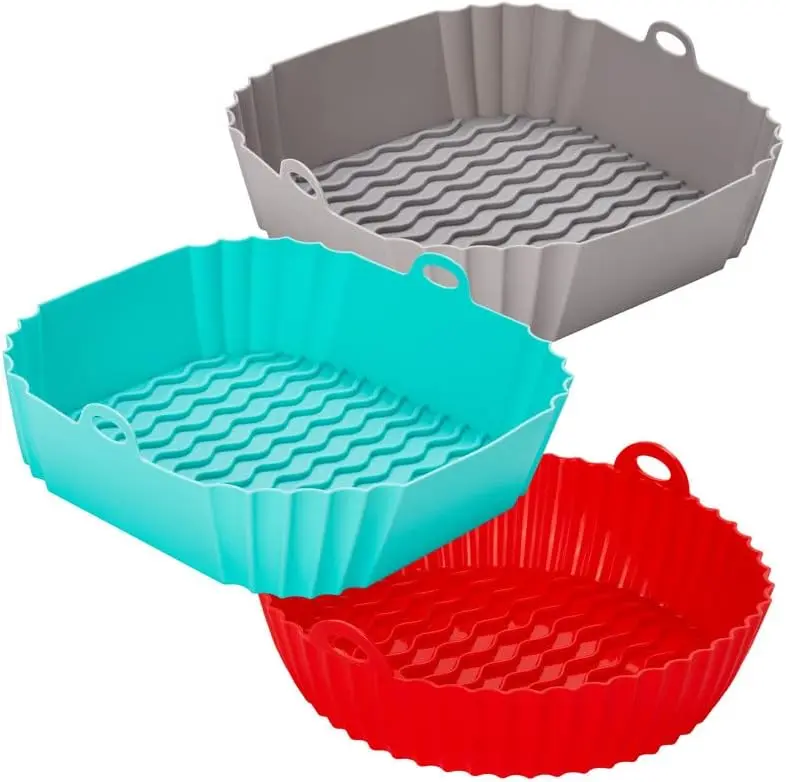 Silicone Air Fryer Liners (2 Square + 1 Round) 3 Pack Reusable Silicone Airfryer Liners Tray | Replacement for Disposable Parchment Paper Liner | Food Grade Kitchen Accessories Bakeware Utensils Bake 0