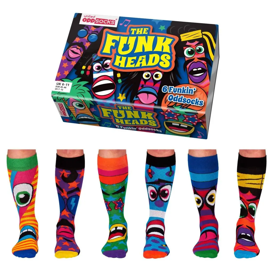 United Oddsocks The Funk Heads - Box Of 6 Colourful Mix & Mis Match Groovy Socks For Uk 6-11 | Eur 39-46 | Us 7-12. Fun And Quirky Birthday, Christmas, Father'S Day Novelty Gift For Men Menswear Soft Breathable Comfy