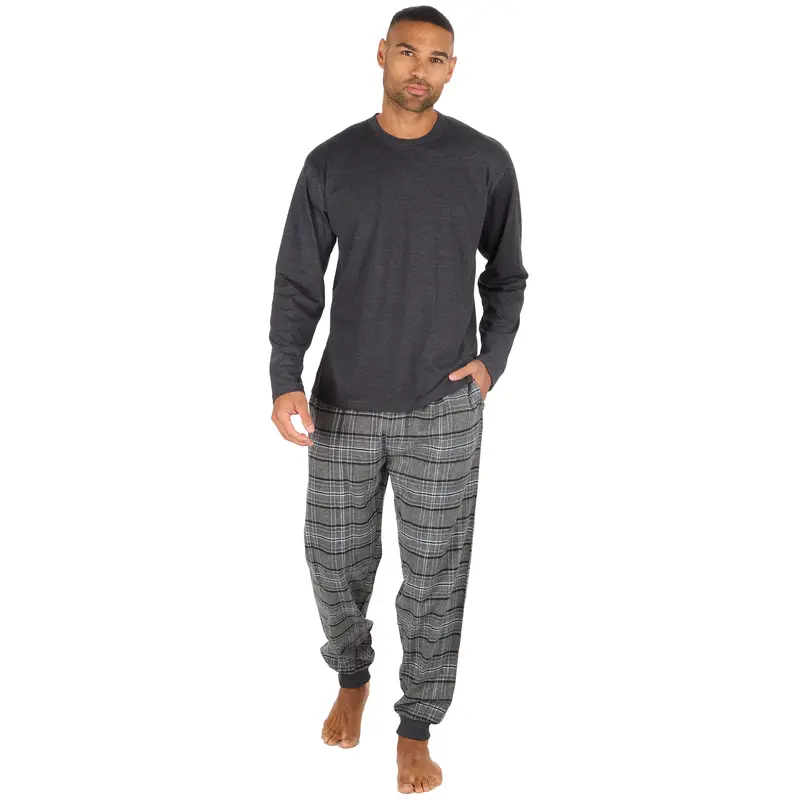 Mens Long Pyjamas Crew Neck Cuffed Bottoms 2 Piece Pyjama for Him Checked Pyjama Set Nightwear Twoise Pajamas Men Warm S M L XL XXL 2 XL Pajama Set PJs Menswear Loungewear Homewear Long Sleeved Jersey Top Woven Checked Long Pants polar express night sleep 2
