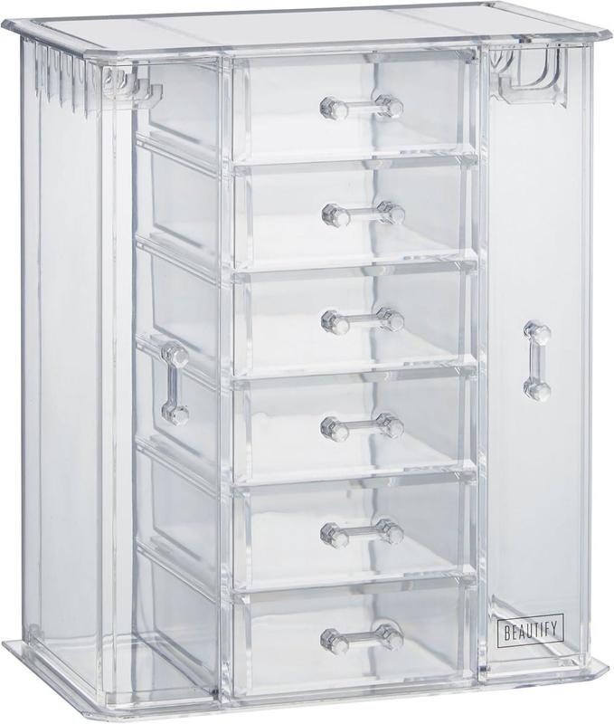 Jewellery Stand, Acrylic Cosmetic & Jewellery Storage with 6 Drawers, 9 Necklace Hooks & 2 Side Compartments, Tabletop Plastic Jewellery Organiser for Rings, Earrings, Necklaces & Bracelet Boxes 0