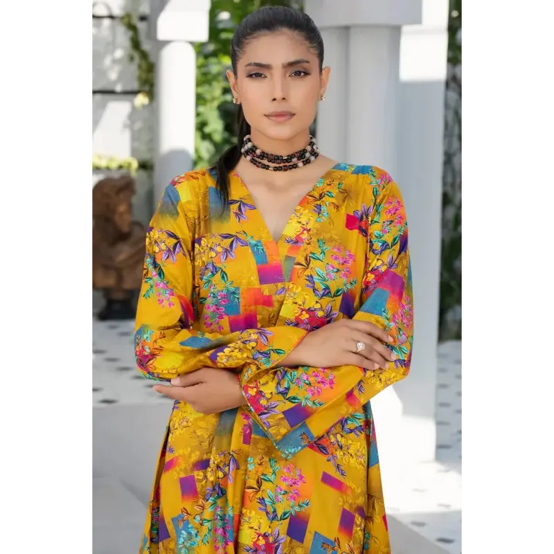Readymade womenswear Linen Ethnic Floral Printed CO-ORDS-1452-Mustard Shirt Suit 1